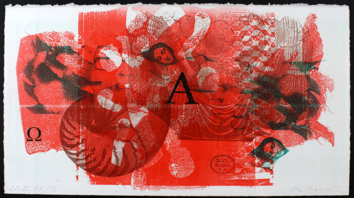 Philip Oeser, Alpha und Omega, 2000, Copygrafie (Ausschnitt) Gemälde in Rot und Schwarz mit grafischen Elementen und weißem Hintergrund